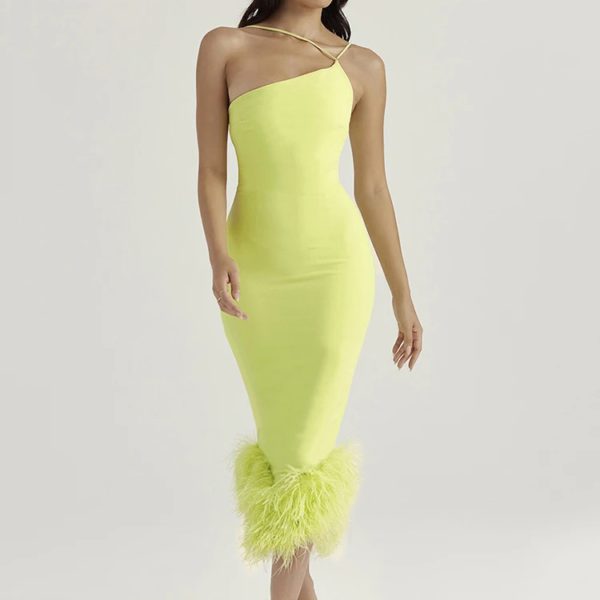 One Shoulder Feather Bodycon Dress - Image 3