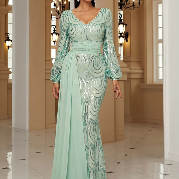 Light Green V-neck Long Sleeves Dress