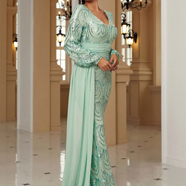 Light Green V-neck Long Sleeves Dress - Image 4