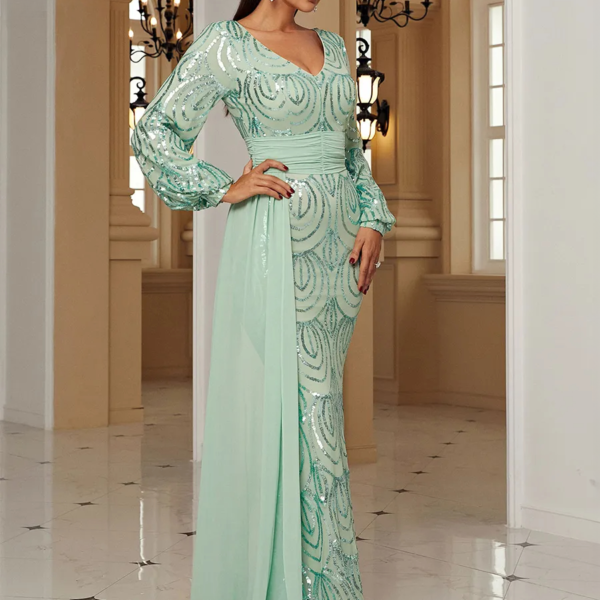Light Green V-neck Long Sleeves Dress - Image 5