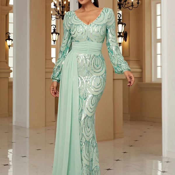 Light Green V-neck Long Sleeves Dress - Image 6