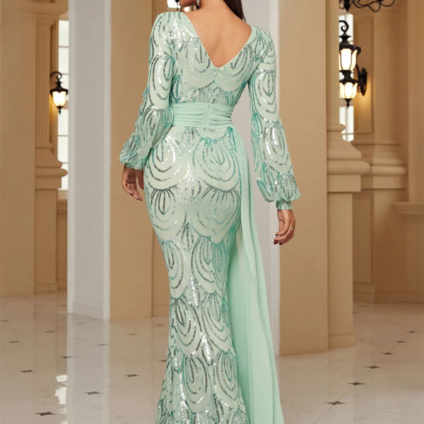 Light Green V-neck Long Sleeves Dress - Image 7