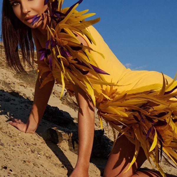 Backless Feather Yellow Mini Women Bodycon Dress - Image 4