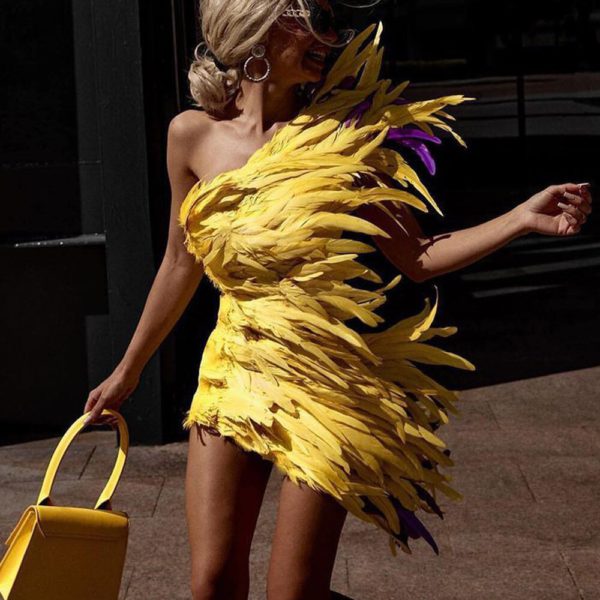 Backless Feather Yellow Mini Women Bodycon Dress - Image 6