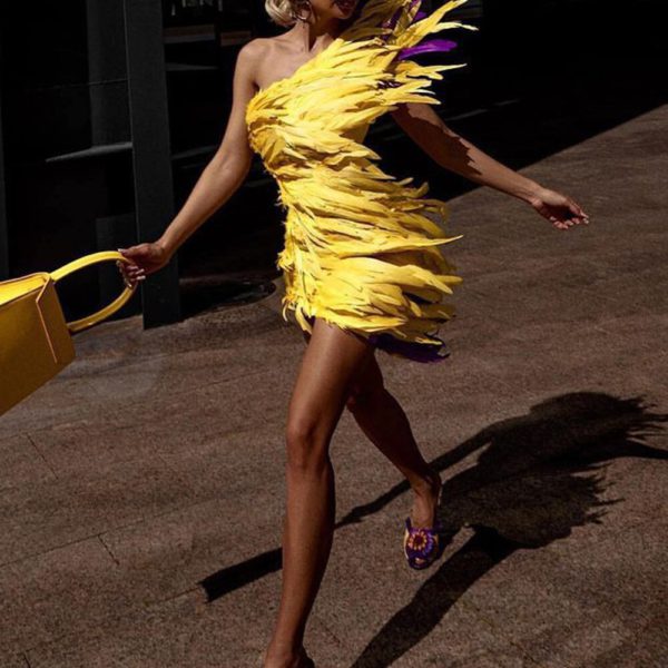 Backless Feather Yellow Mini Women Bodycon Dress - Image 5