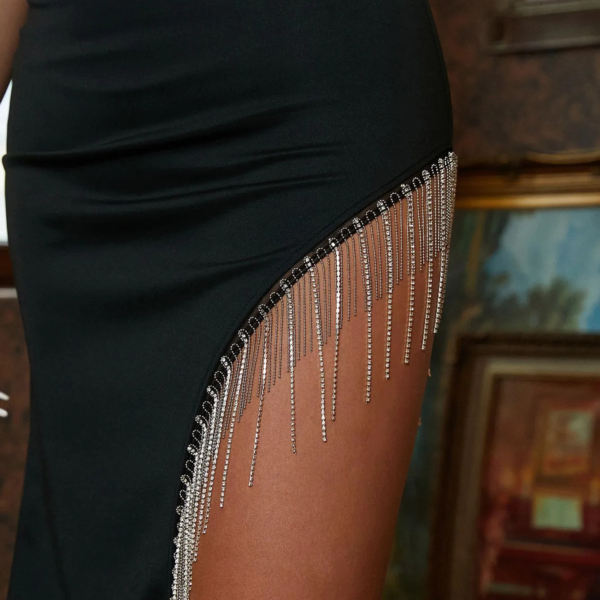 One Shoulder Slit Tassels Bodycon Dress - Image 7