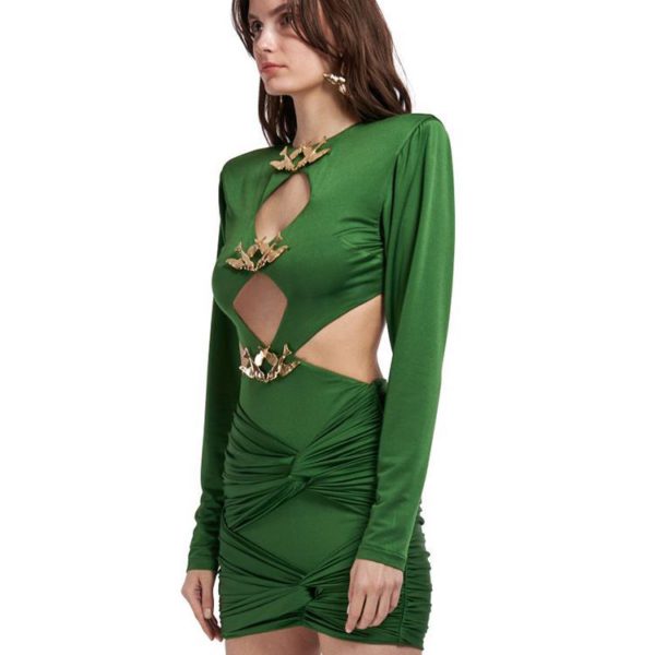 Green Hollow Pleated Metal Long Sleeve Metal Decorated Mini Dress - Image 7