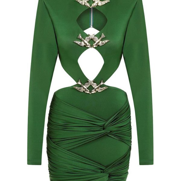 Green Hollow Pleated Metal Long Sleeve Metal Decorated Mini Dress - Image 5