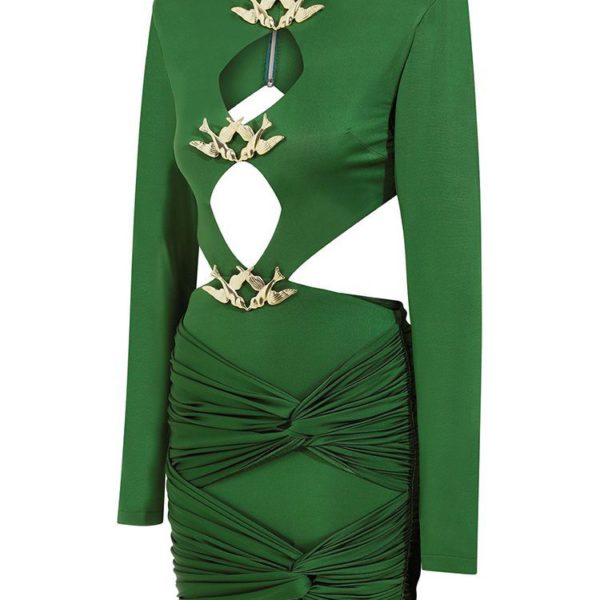 Green Hollow Pleated Metal Long Sleeve Metal Decorated Mini Dress - Image 4