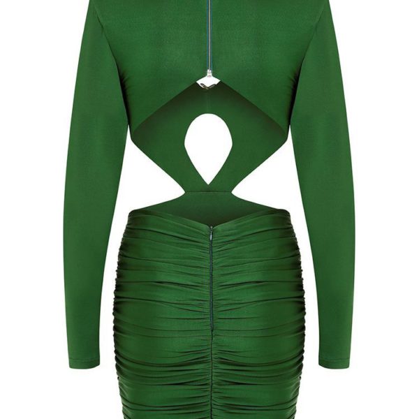 Green Hollow Pleated Metal Long Sleeve Metal Decorated Mini Dress - Image 3