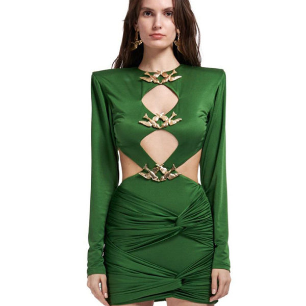 Green Hollow Pleated Metal Long Sleeve Metal Decorated Mini Dress