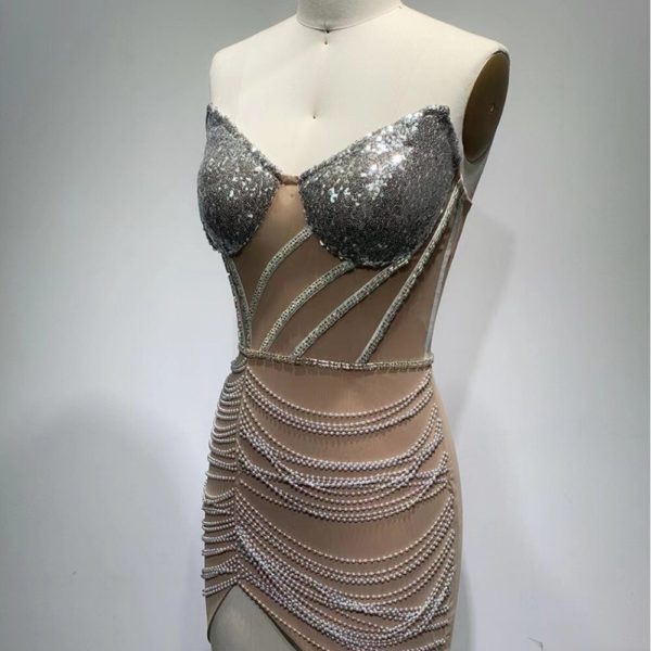 Backless Beading Diamonds Sequins Tassel Mini Dress - Image 5