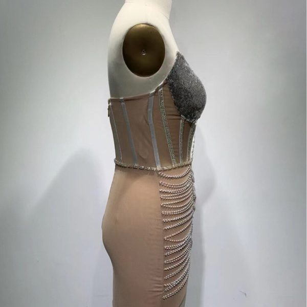 Backless Beading Diamonds Sequins Tassel Mini Dress - Image 4
