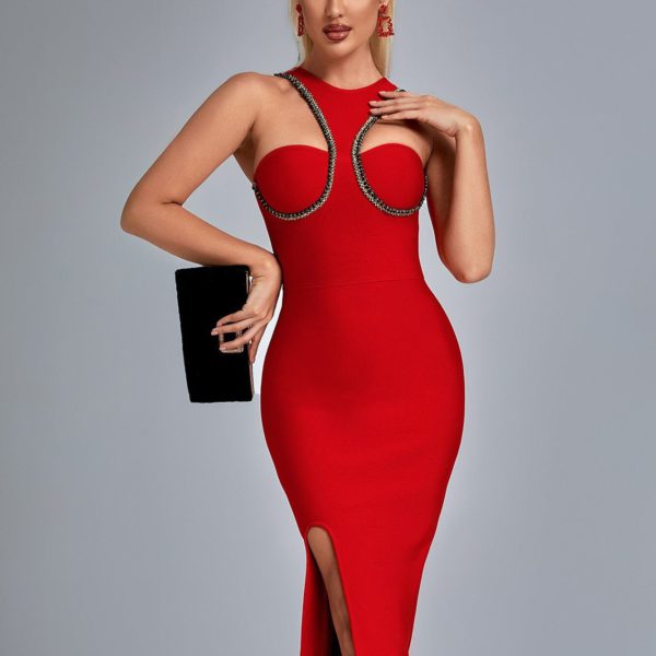 Night Club Beading Bandage Dress Sexy Cut Out Midi Red Celebrity