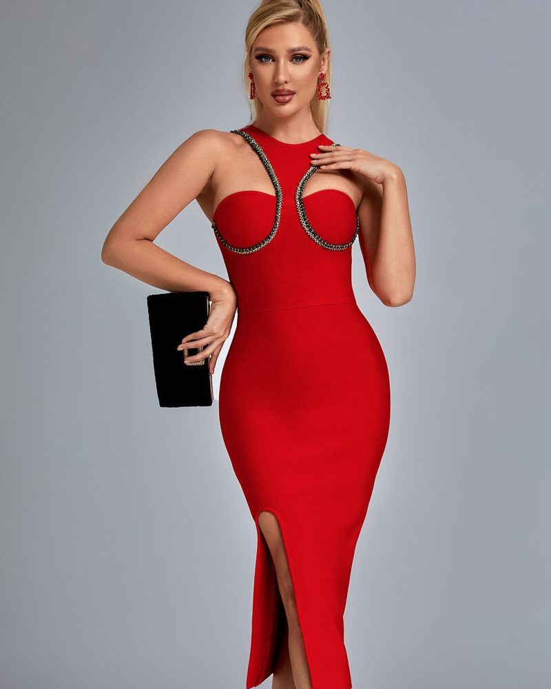 Night Club Beading Bandage Dress Sexy Cut Out Midi Red Celebrity