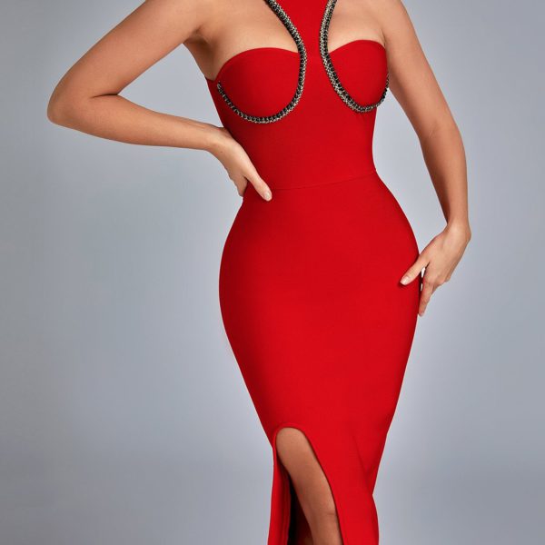 Night Club Beading Bandage Dress Sexy Cut Out Midi Red Celebrity - Image 6