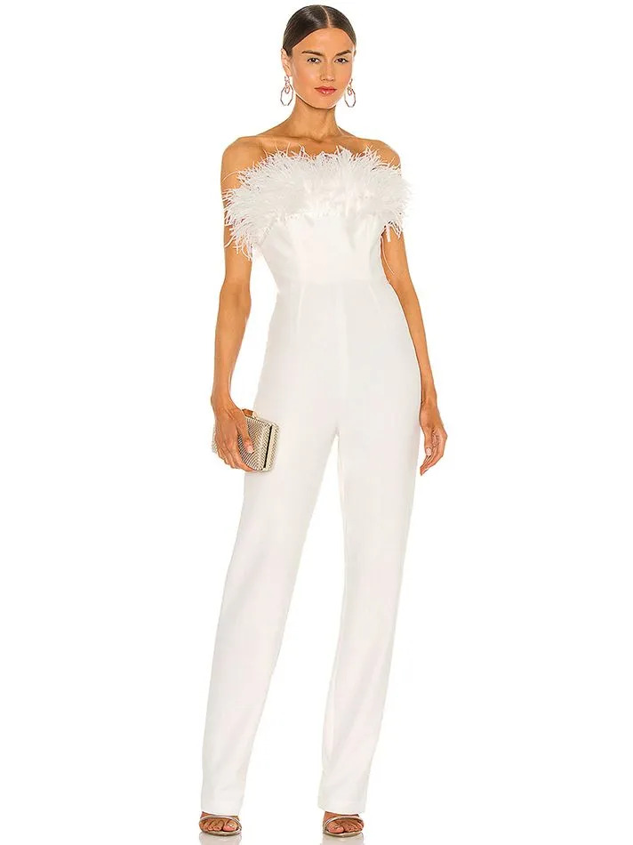 White Feathers Strapless Jumpsuits