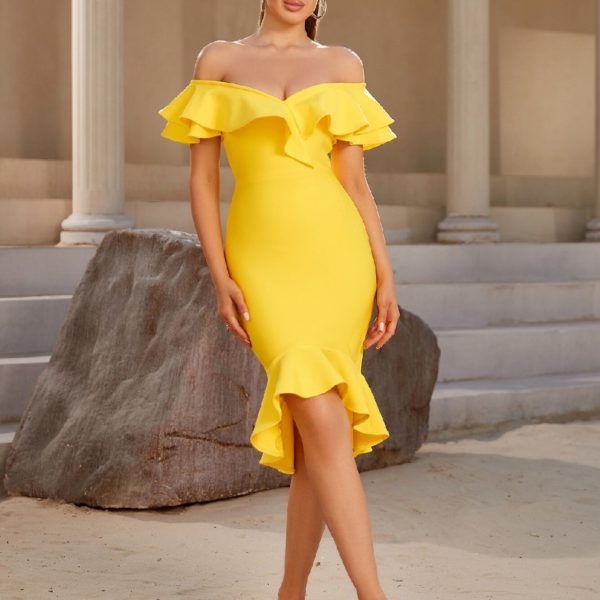Bodycon Bandage Dress Sexy V Neck Vestidos Midi Dress Ruffles - Image 6