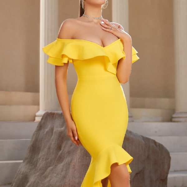 Bodycon Bandage Dress Sexy V Neck Vestidos Midi Dress Ruffles - Image 5
