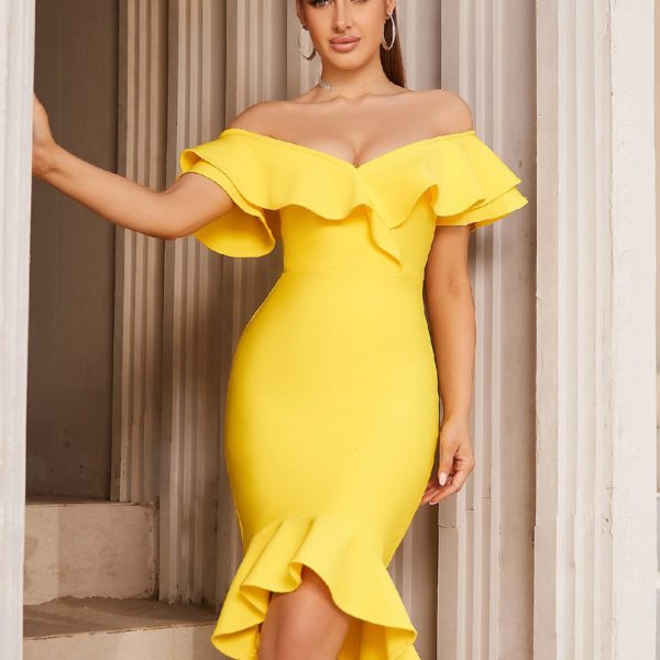 Bodycon Bandage Dress Sexy V Neck Vestidos Midi Dress Ruffles - Image 4