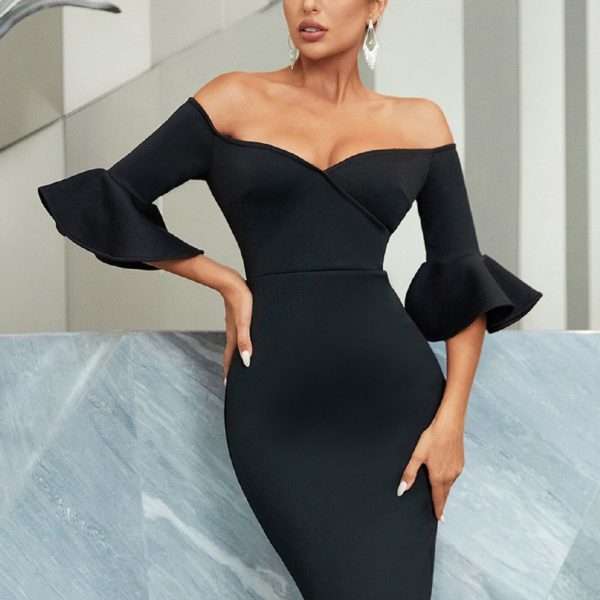 Off Shoulder Black Bodycon Bandage Dress For Women Fashion Half Petal Sleeve