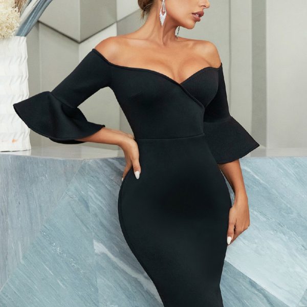 Off Shoulder Black Bodycon Bandage Dress For Women Fashion Half Petal Sleeve - Image 5