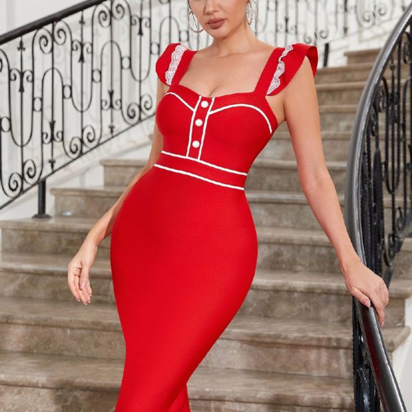 Ruffles Bandage Dress Sexy Midi Patchwork Evening Celebrity - Image 4