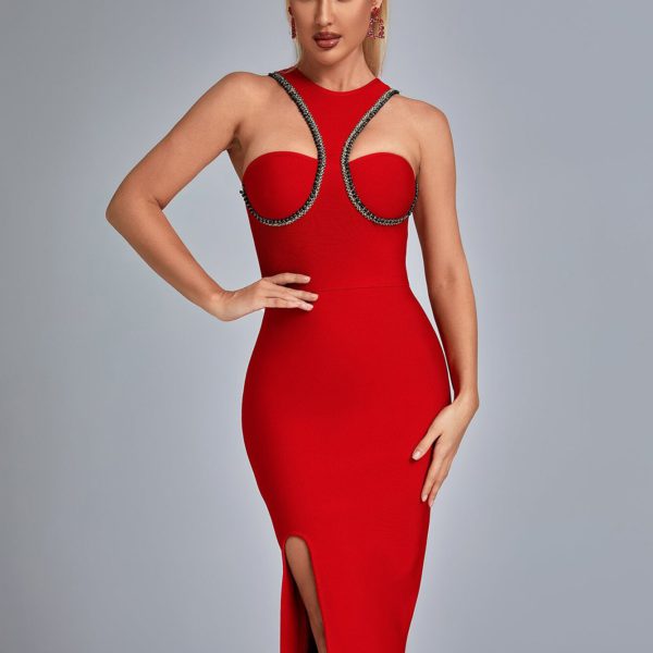 Night Club Beading Bandage Dress Sexy Cut Out Midi Red Celebrity - Image 5