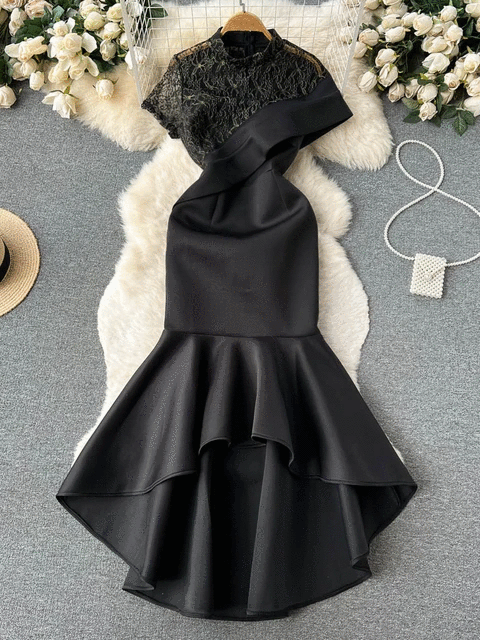 Black Lace Embroidered Short Sleeve Dress