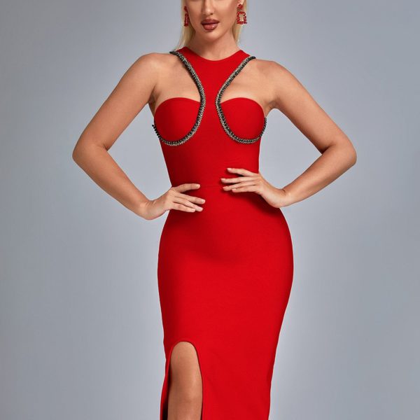Night Club Beading Bandage Dress Sexy Cut Out Midi Red Celebrity - Image 4
