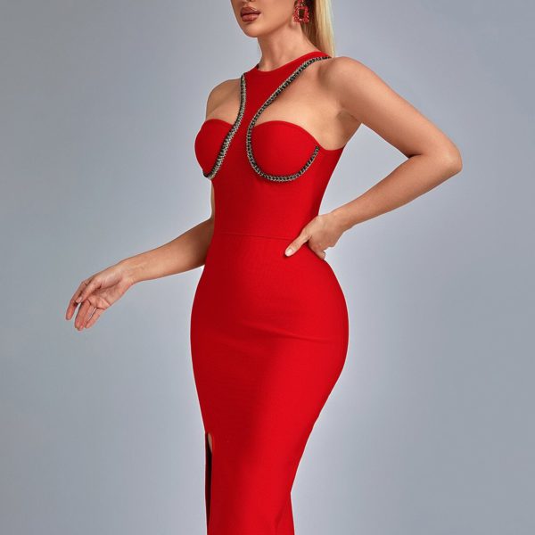 Night Club Beading Bandage Dress Sexy Cut Out Midi Red Celebrity - Image 3