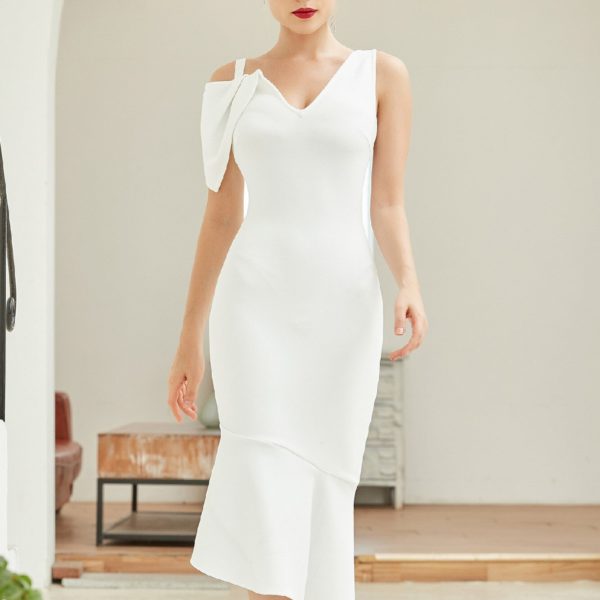 White Club Bodycon Bandage Dress Sexy V Neck Short Sleeve Mermaid - Image 7