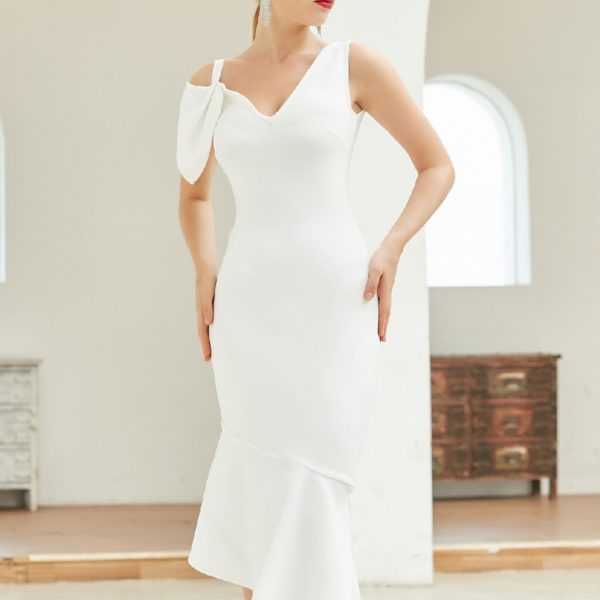 White Club Bodycon Bandage Dress Sexy V Neck Short Sleeve Mermaid - Image 6