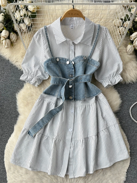 Summer Denim Vests + Striped Short Shirt Dress