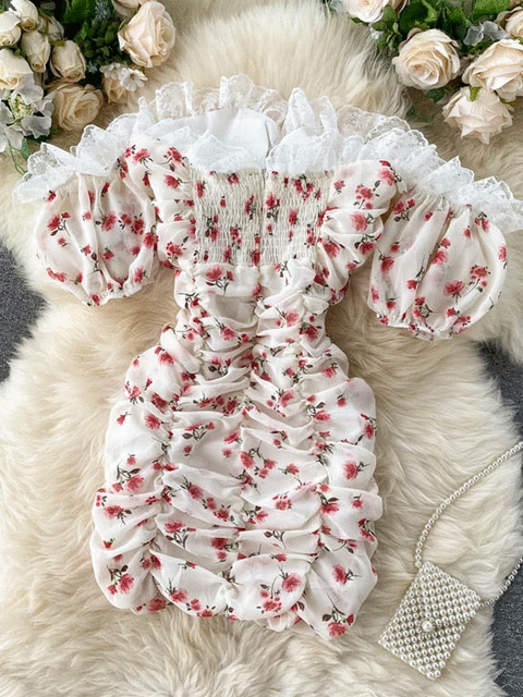 Off Shoulder Lace Floral Print Mini Dress