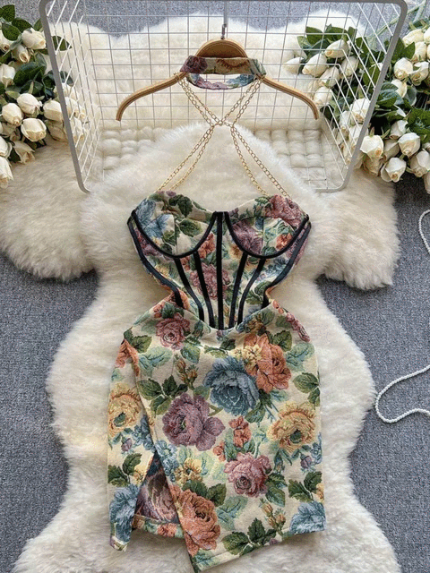 Flower Print Strapless Slim Waist Mini Dress