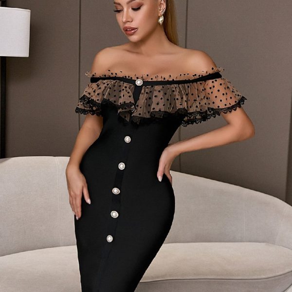 Off Shoulder Ruffles Lace Buttons Midi Elegant Lady Bandage Dress - Image 6