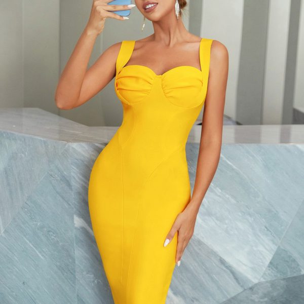 Yellow Bodycon Bandage Dress Sexy Tank Sleeveless Draped Evening Club