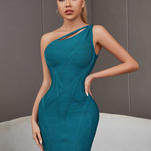 One Shoulder Bodycon Bandage Dress Sexy Hollow Out Sleeveless Midi - Image 5