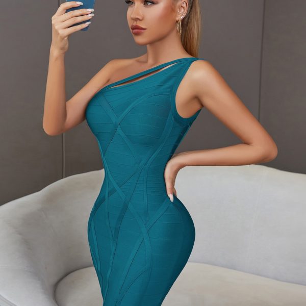 One Shoulder Bodycon Bandage Dress Sexy Hollow Out Sleeveless Midi - Image 3
