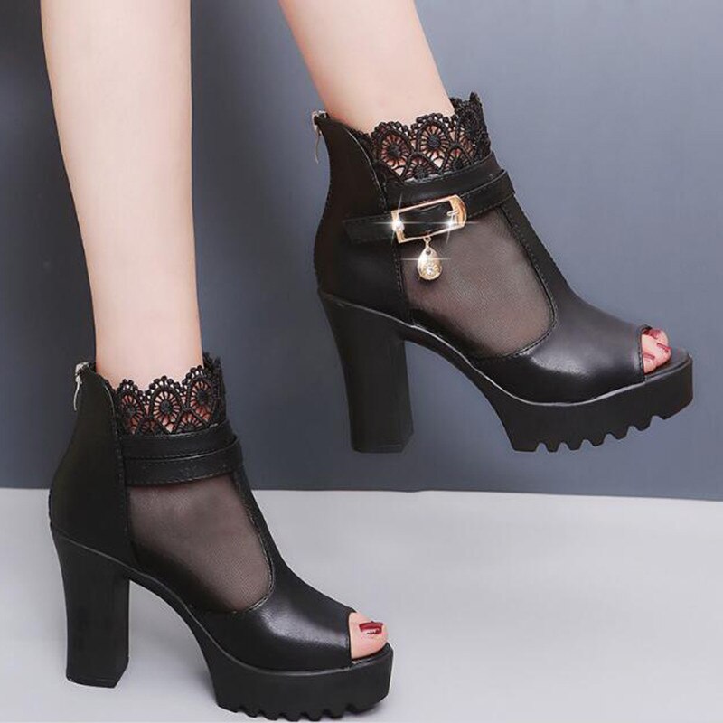 Ankle Boots Peep Toe Platform Lace Cuff Booties Chunky Heel Pumps