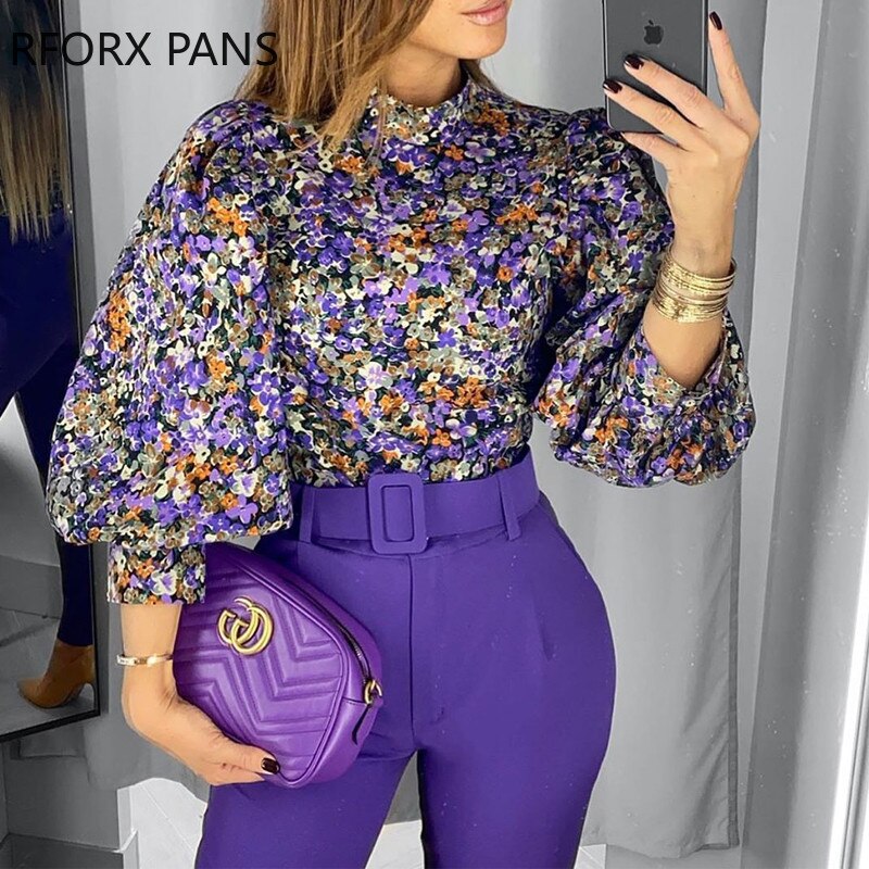 Floral Print Lantern Sleeve Tops and Blouses