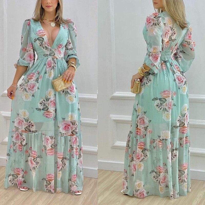 Elegant Deep V Neck Floral Print Ruffles Maxi A-Line Long Dress