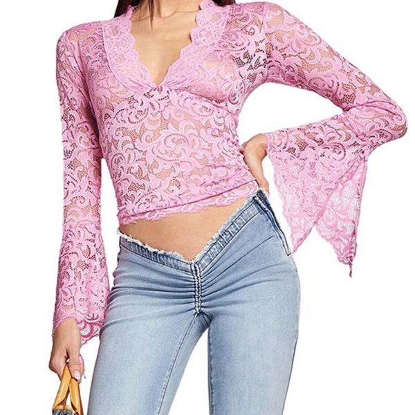 Long Sleeve V Neck Lace See Through Solid Casual Party Street Crop Tops