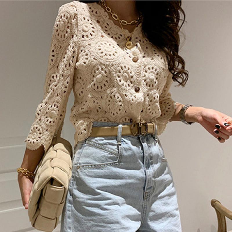 Lace Tops Fashion Hollow Out Shirt Casual Vintage Long Sleeve Blouses