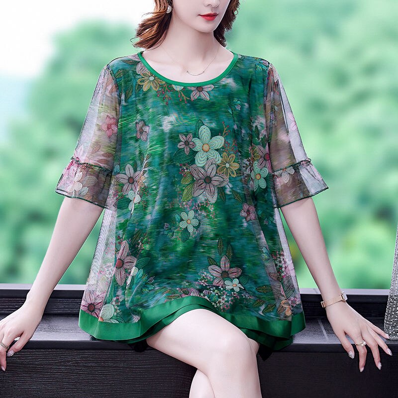 Gauze Patchwork Floral Printed Casual Loose Blouse