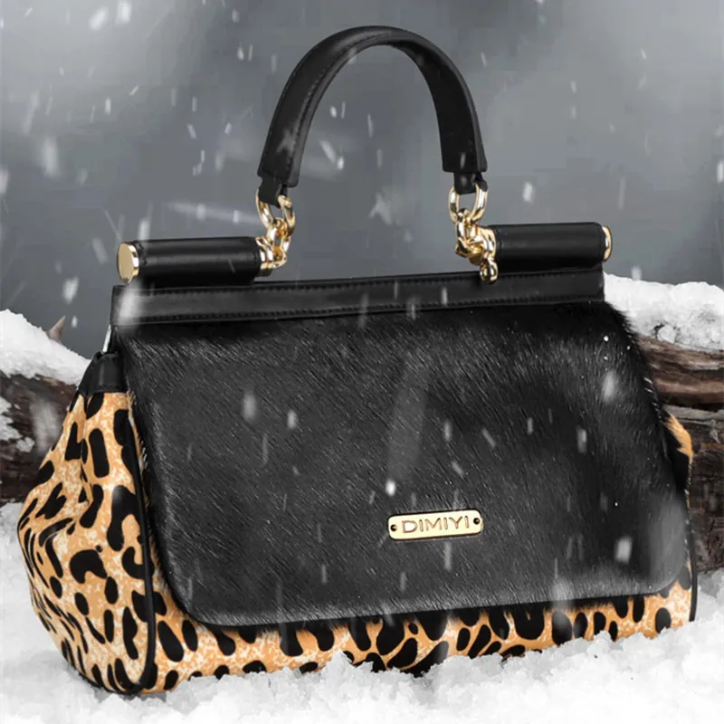 Leopard Print Stud Handbag Genuine Leather Ladies' Fur Bag