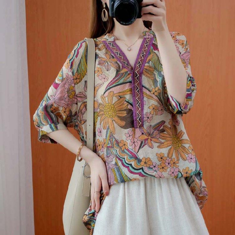 Vintage Loose Casual Blouse Printing Cotton Tops Shirt
