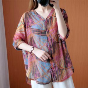 Diamonds Printed Loose Casual Single-breasted V-Neck Irregular Shirt