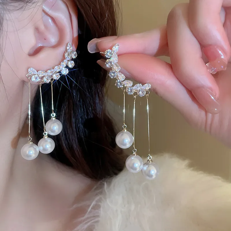 Zircon Light Luxury Temperament Tassels Pearl Earrings